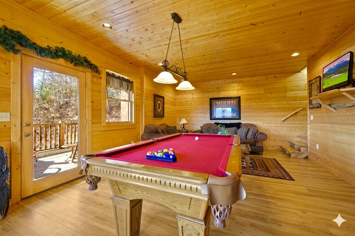 Gather for laughter and friendly matches in this cozy game room featuring a pool table, comfy seating, and TV. The warm wood interior and mountain light make it the perfect spot to unwind and connect.