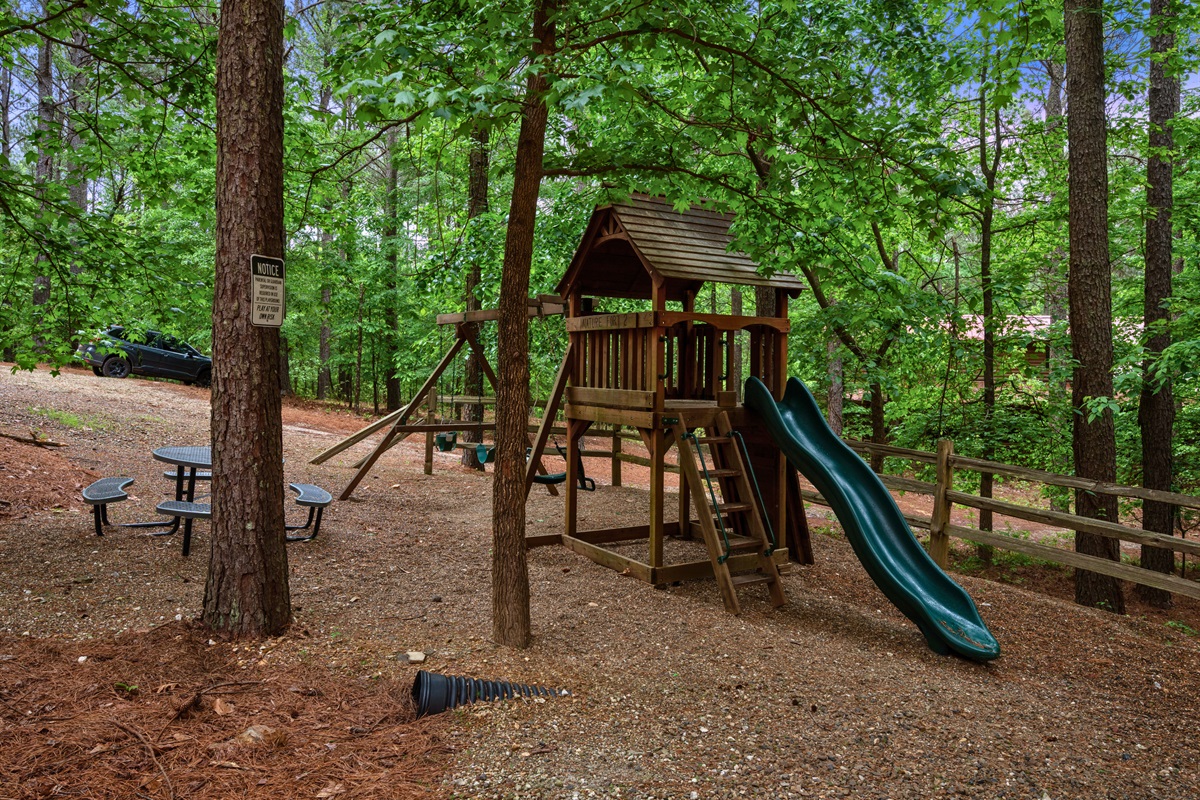 The outdoor playset gives younger guests their own space to explore while staying close to the cabin.
