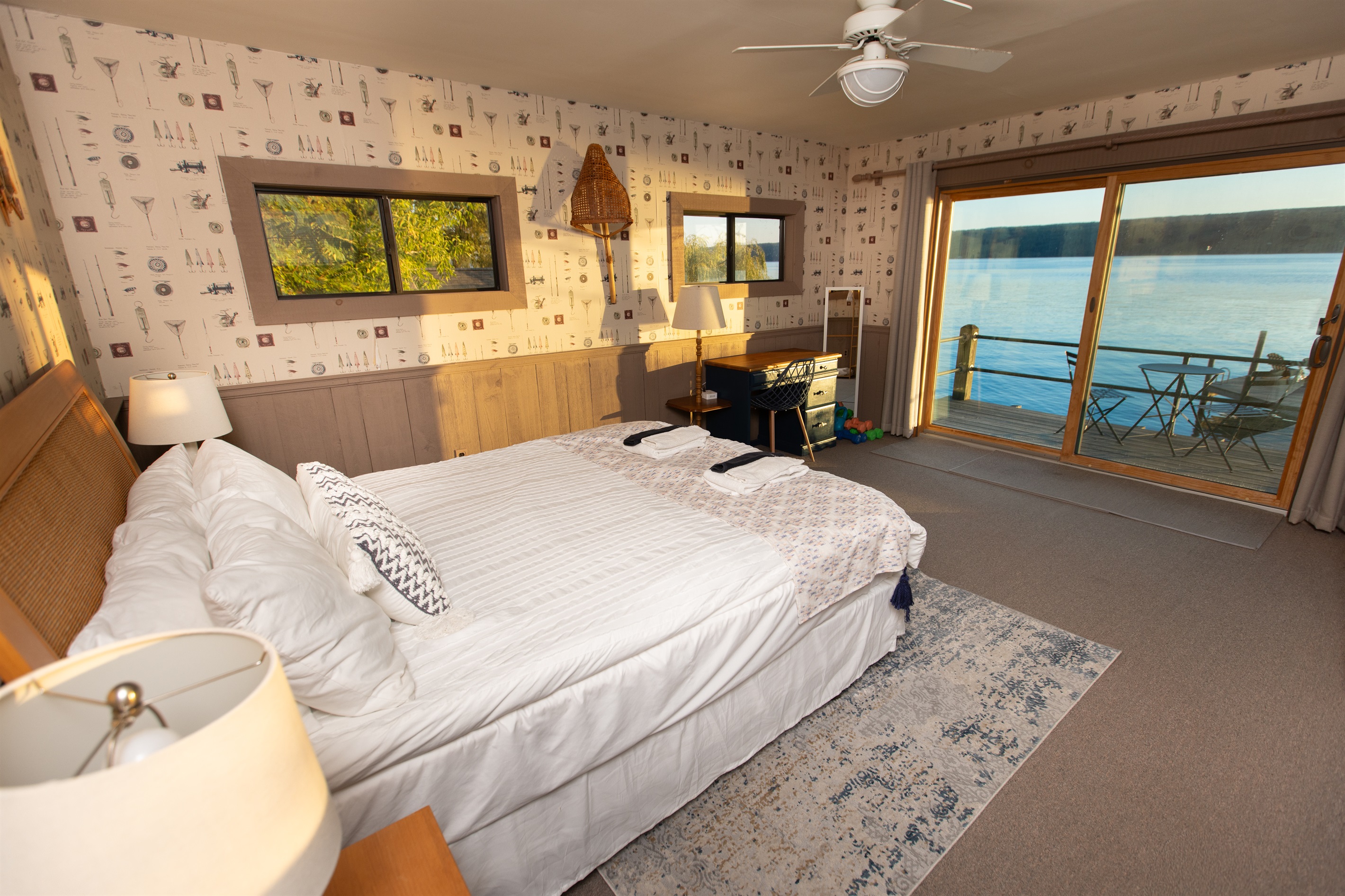 Seasonal Bonus Room | Queen Bed| | Boathouse Bedroom Overlooks Lake with Small Balcony | No Bathroom or HVAC