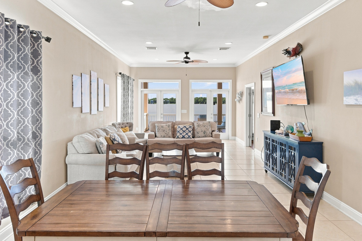 Dining area with seating for the group and lagoon-view windows