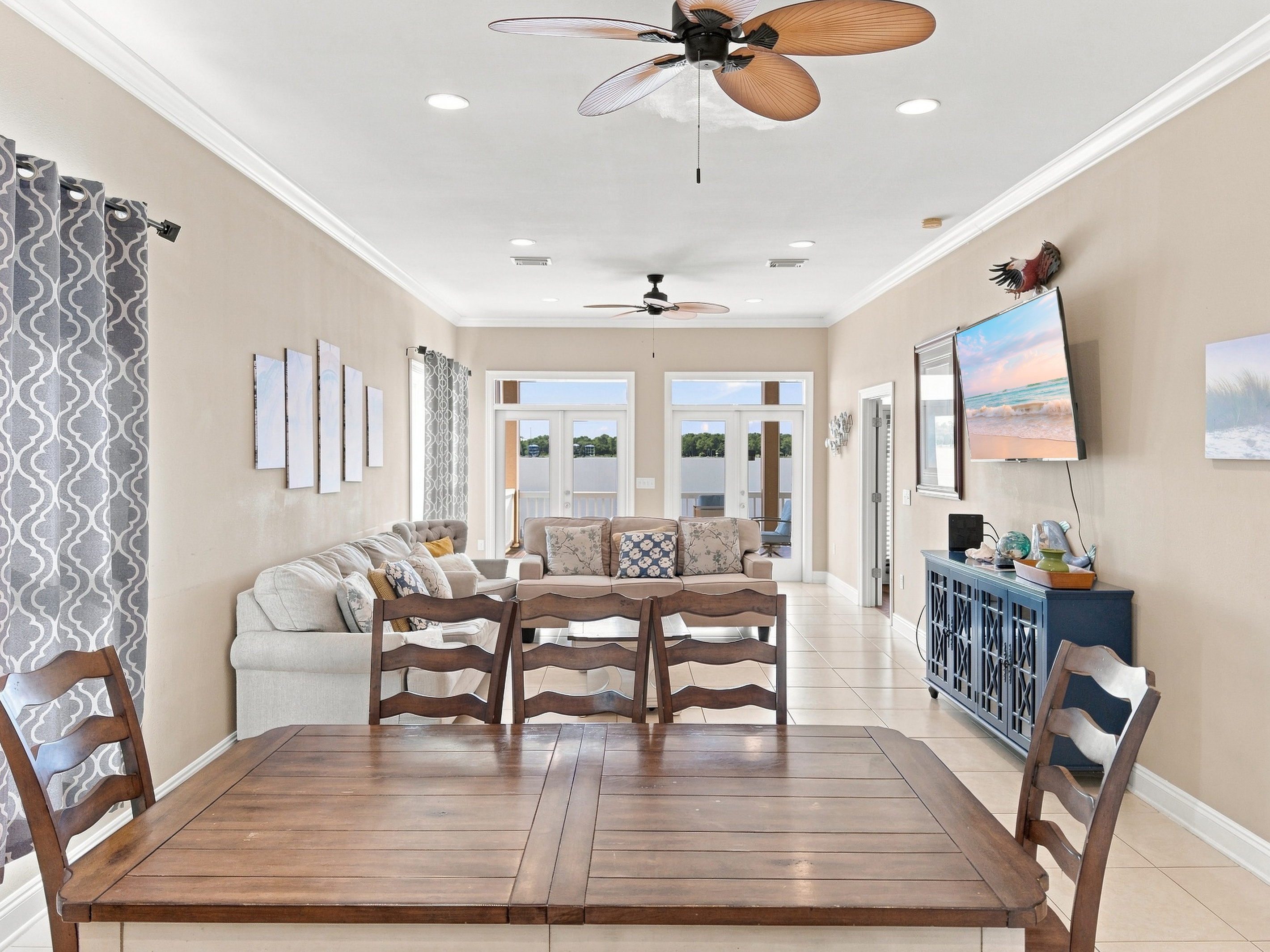 Dining area with seating for the group and lagoon-view windows