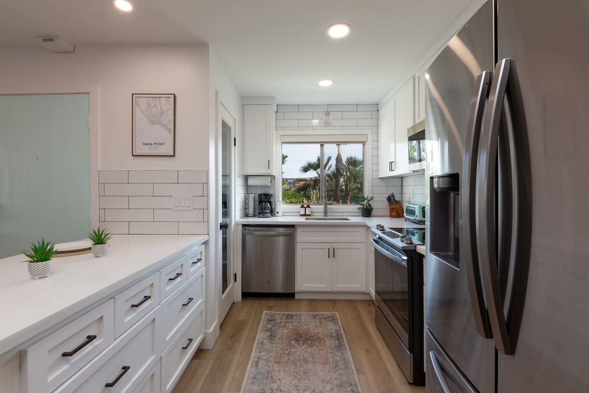 open concept kitchen with views of ocean 
