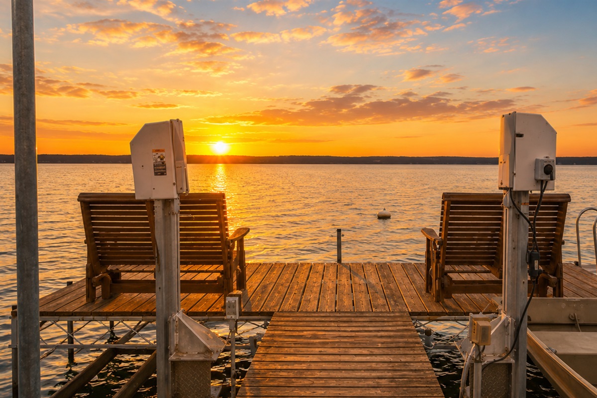 Relax by the water on this serene dock with stunning lake views, perfect for unwinding or enjoying a peaceful sunset. 🌅🚤