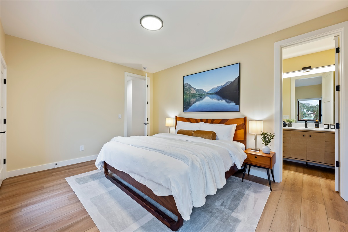 Bedroom #5 of 7 - Upstairs, king bed, Smart TV, ensuite with walk in shower, access to private balcony for catching the sunrise