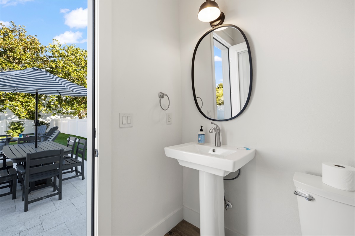 The half pool bath is accessed from the pool deck only