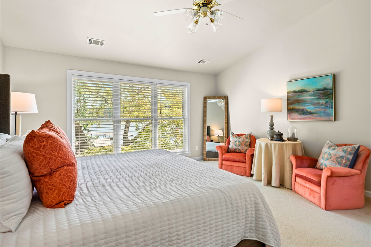 A restful space with soft light, cozy accents, and pops of personality.