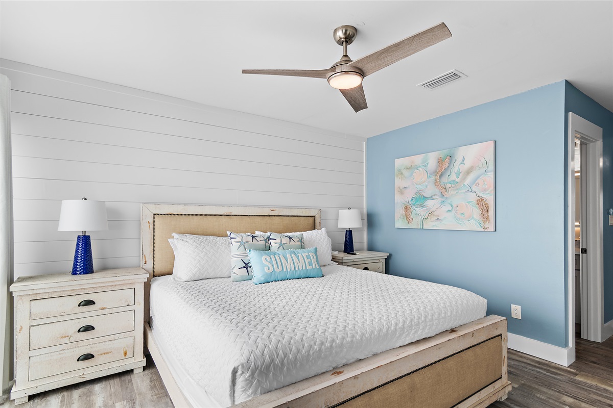 Costa Del Sol A-9: Bedroom 1 (Level 3): King bed, 50" Smart TV, Large Closet, Chair + Desk, Gulf Views, Private Balcony, Remodeled Bathroom with Walk In Shower (Sleeps 2)