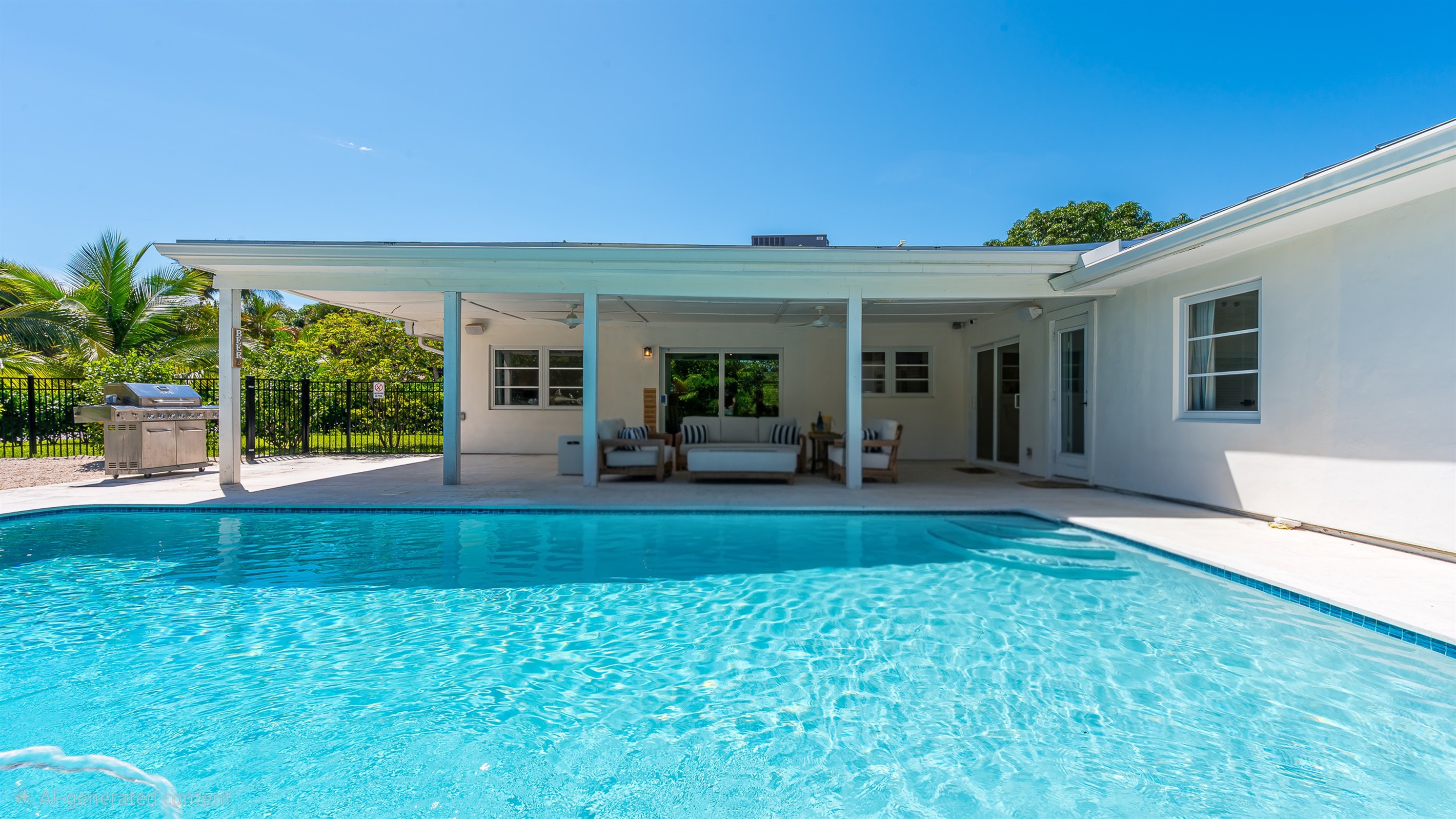 Heated saltwater pool with deck jets and color-changing LED lights. Perfect spot to soak up the sunshine and take a dip any time of day.