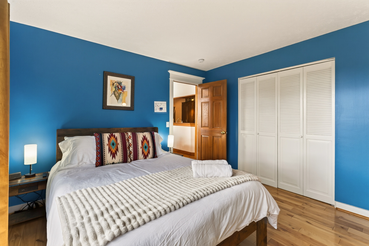Blue bedroom with double closet