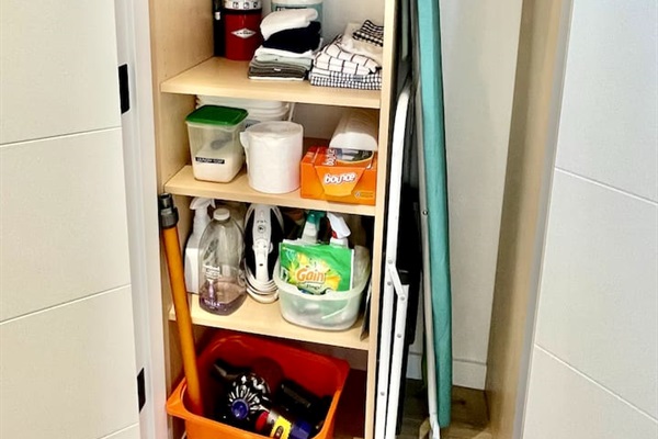 Supply closet 2nd floor hallway: Ironing board, towels & linens, cleaning & laundry supplies, fire extinguisher, vacuum, step ladder, paper towel, toilet paper etc.