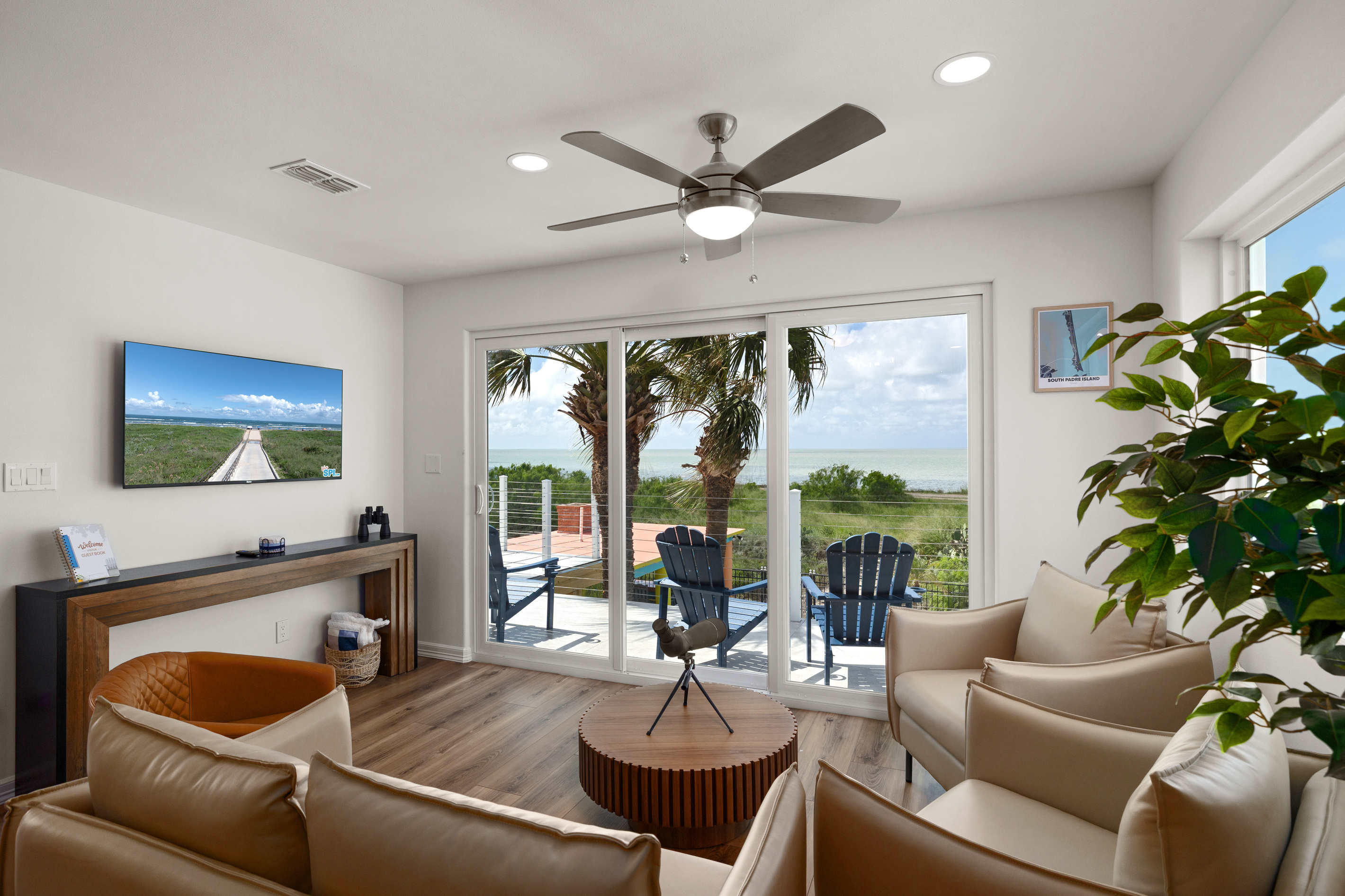 Upstairs Great Room with Bay and Island Views
Comfy seating for 5 and Dining for 6
Steps out to the Balcony