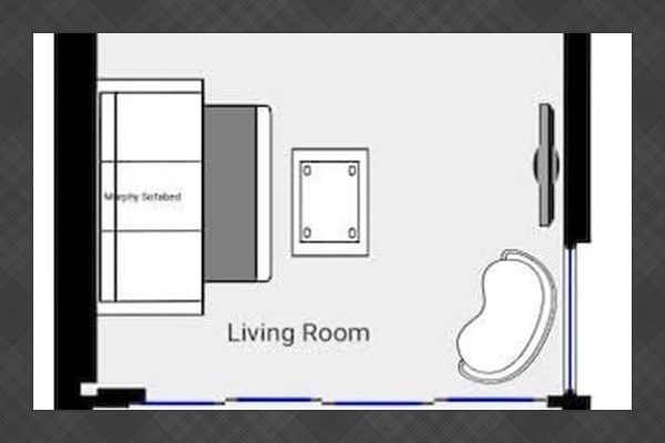 Condo 1 floorplan with King bed in the bedroom and a king murphy sofabed (real mattress) in the living room