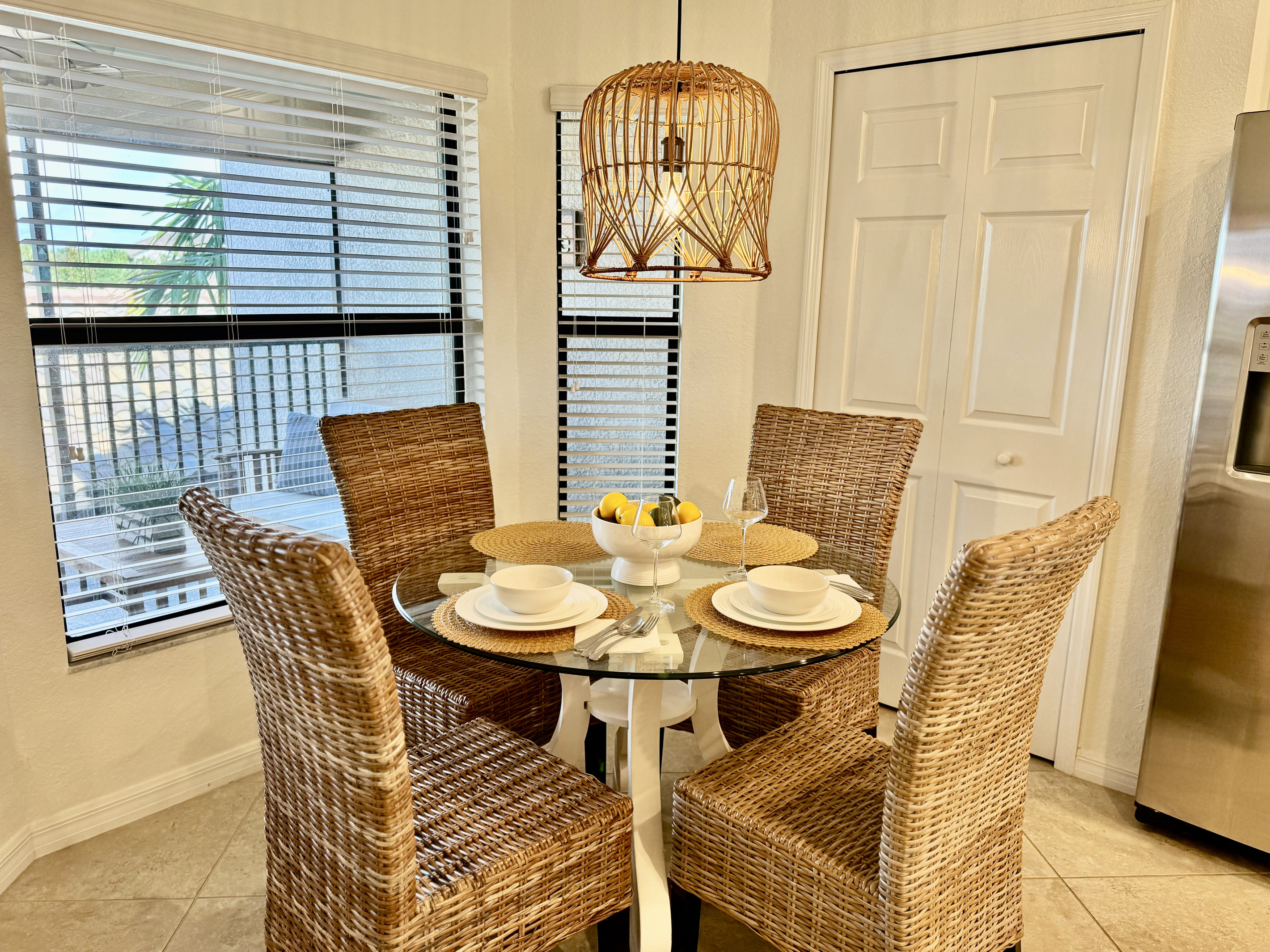 Enjoy a quiet dinner in the dinette area, featuring comfortable seating and picturesque views of the surrounding scenery.