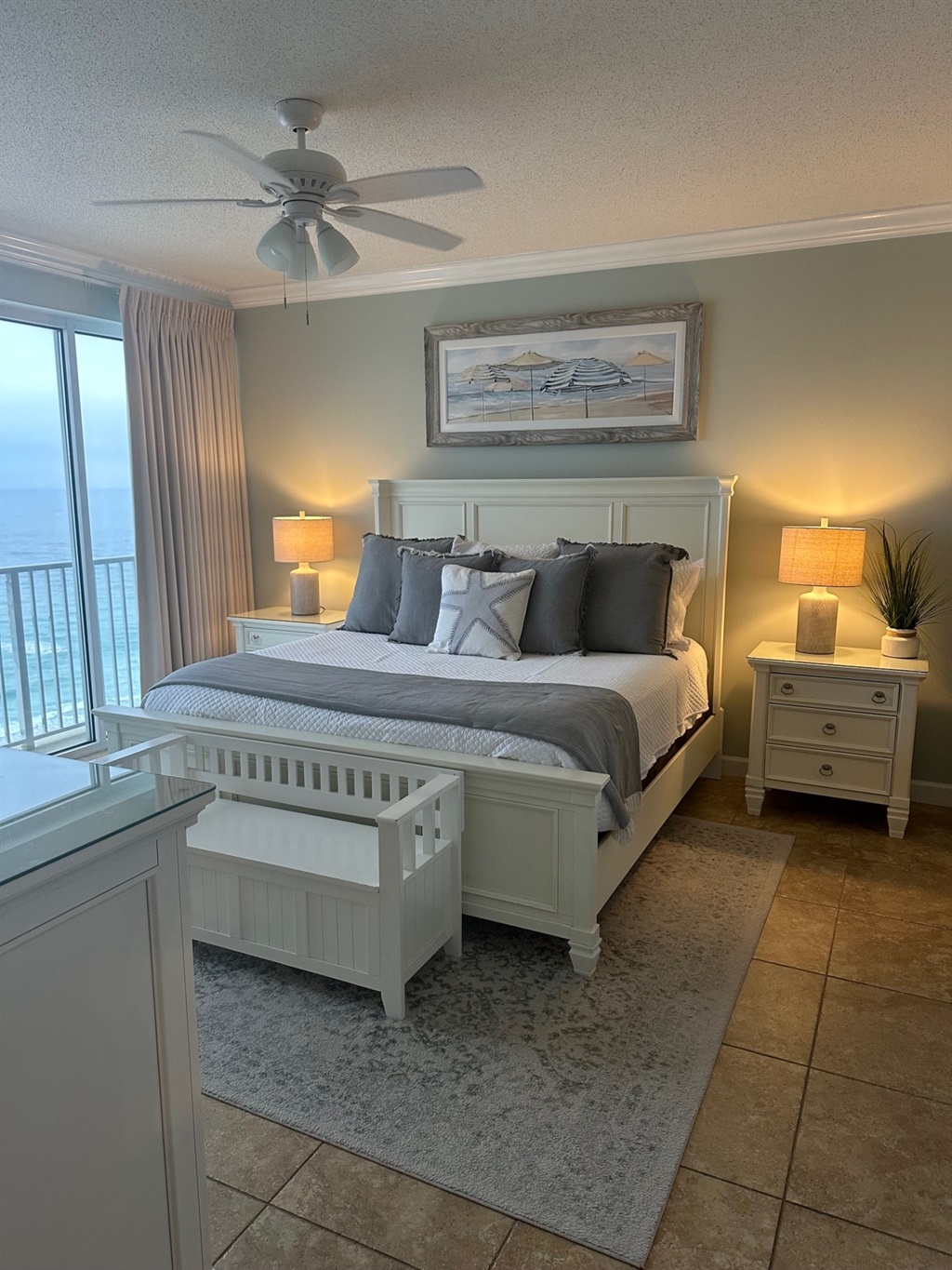 Master bedroom with king bed and beach view