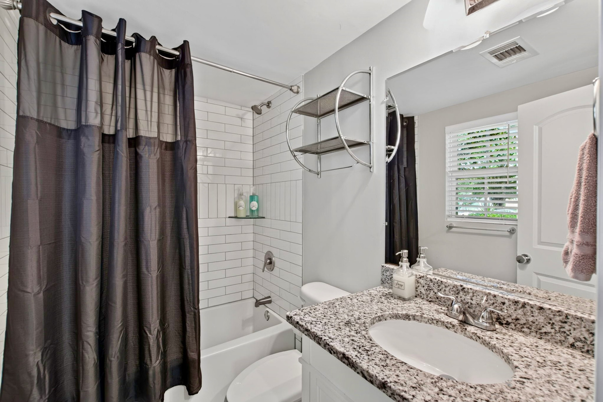 The second full bathroom is downstairs and fully stocked with shampoo, soap and a hair dryer.
