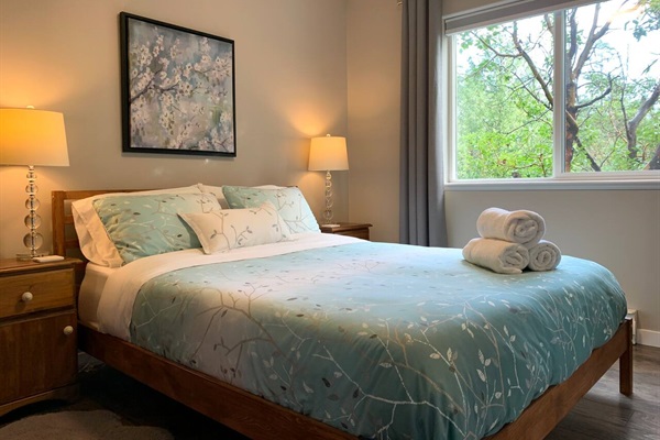 A spacious yet cozy bedroom with a forest view. Bright during the day or pitch black with blackout blinds and curtains. 