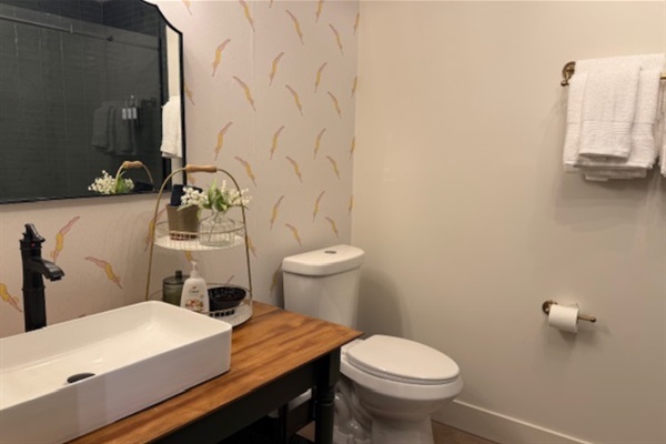 Updated bathroom with thoughtful touches for guest comfort.