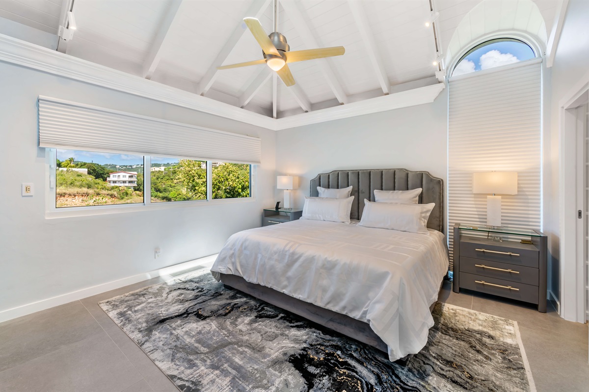 Primary bedroom on the main level with ceiling fan, ensuite bathroom and large walk-in closet