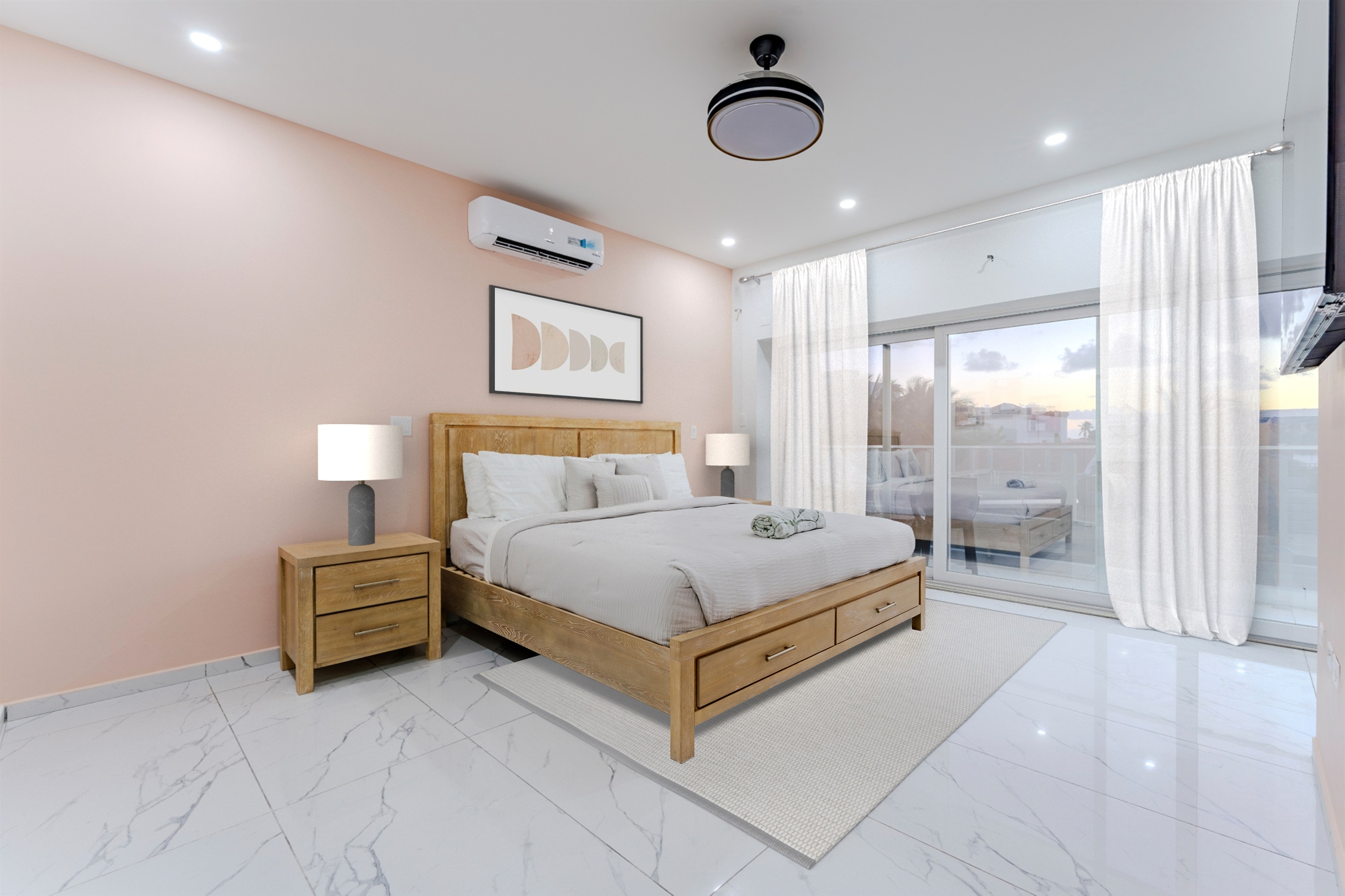 Primary bedroom with balcony doors, soft pastel tones