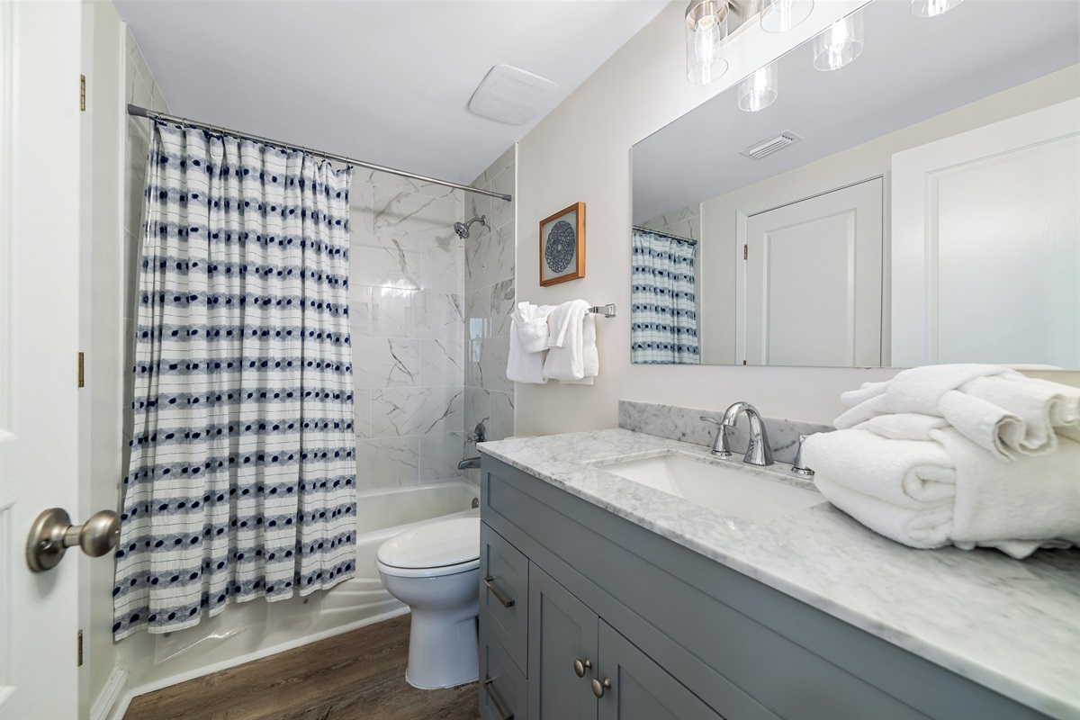 Main bathroom with tub/shower combo