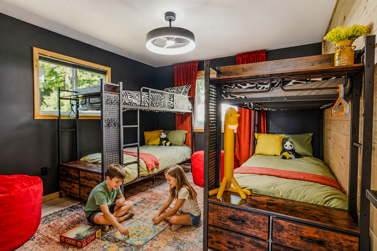 Kids & Teens Suite with children playing — bunk beds, Xbox, Smart TV, and bean bags