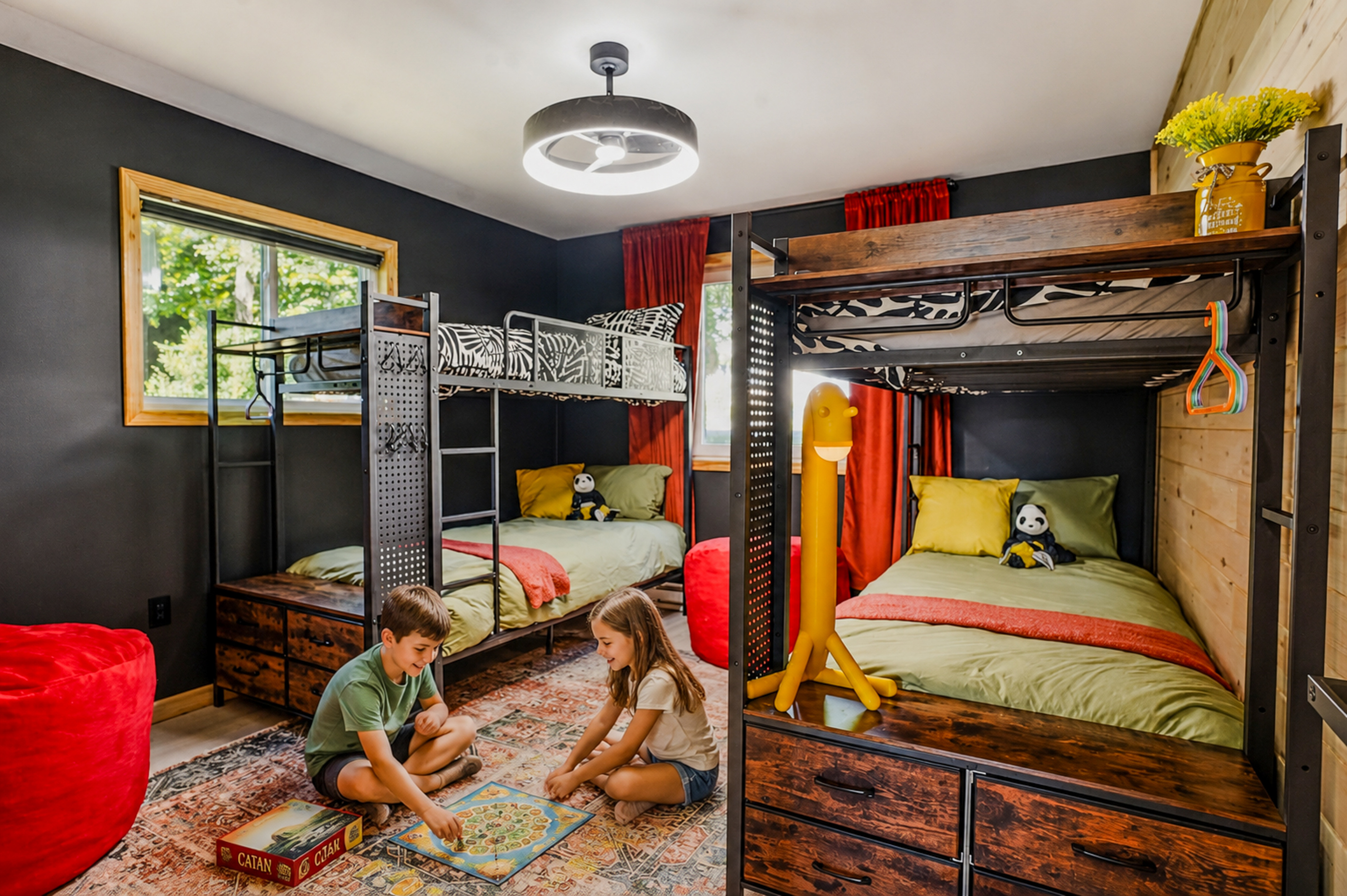 Kids & Teens Suite with children playing — bunk beds, Xbox, Smart TV, and bean bags