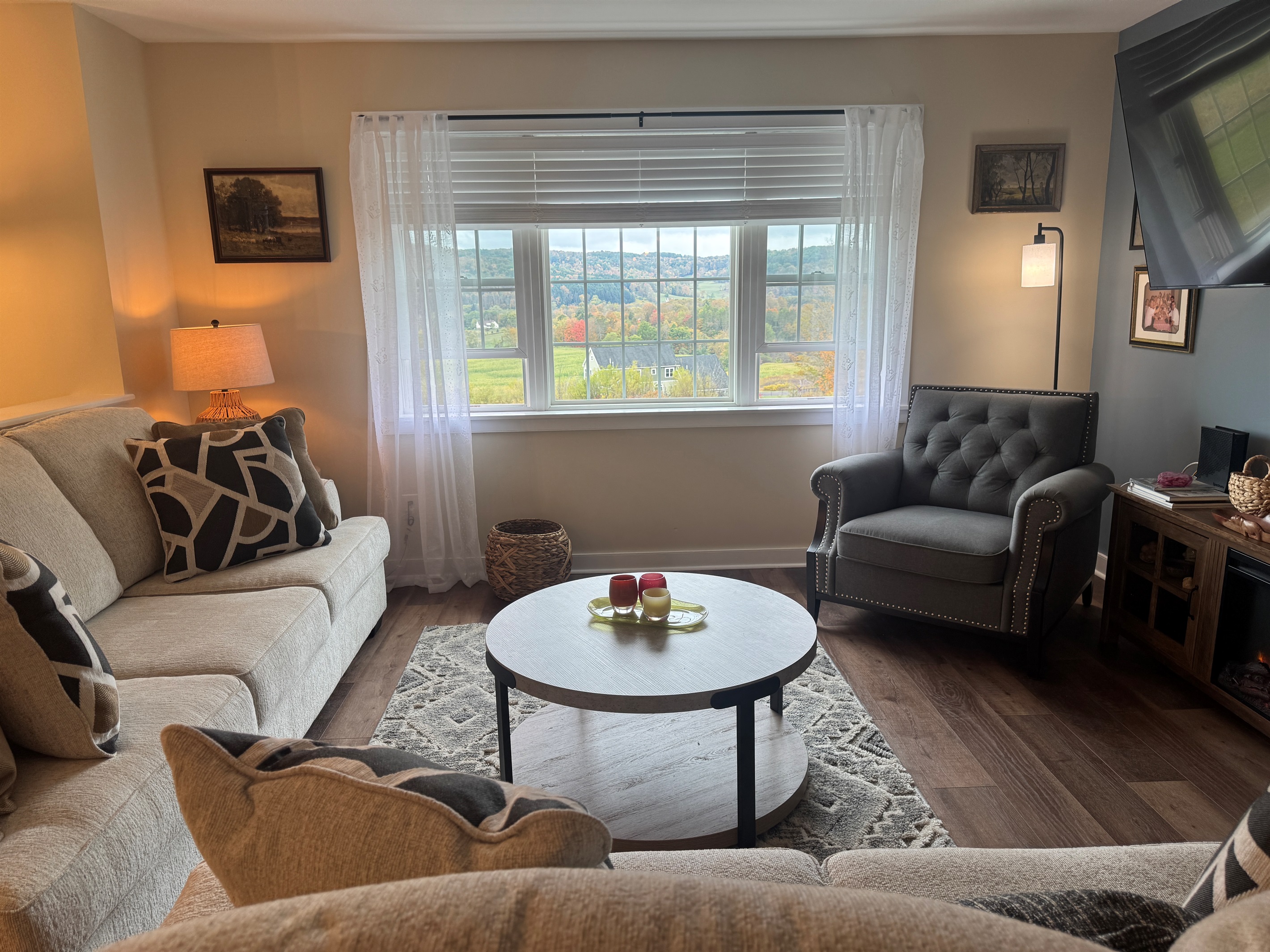 Comfy living room with large SmartTV