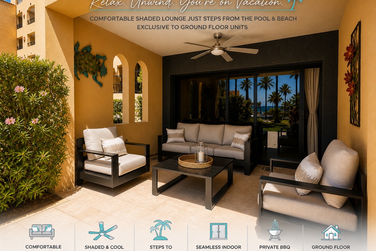 Unwind in the spacious covered patio lounge with plush seating, ceiling fan, and peaceful garden surroundings.