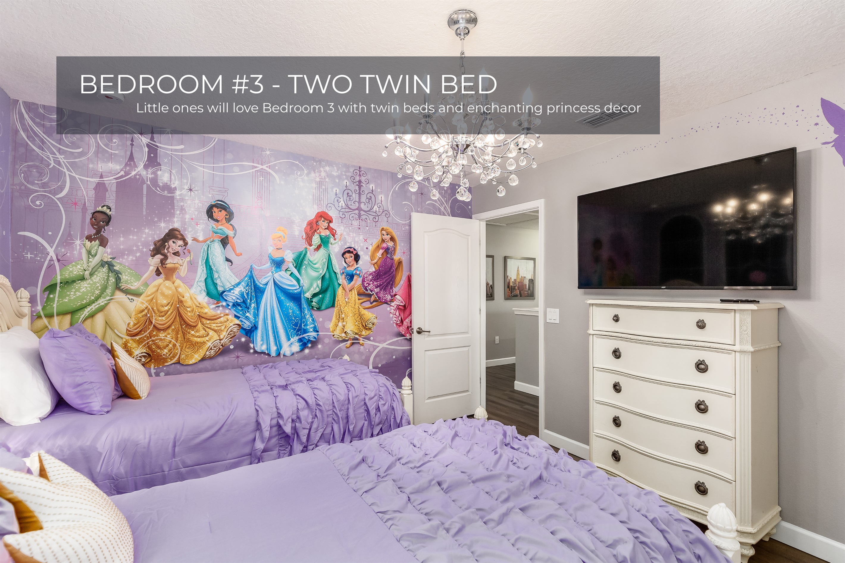 Bedroom 3 is a magical Disney Princess-themed room with two cozy twin beds