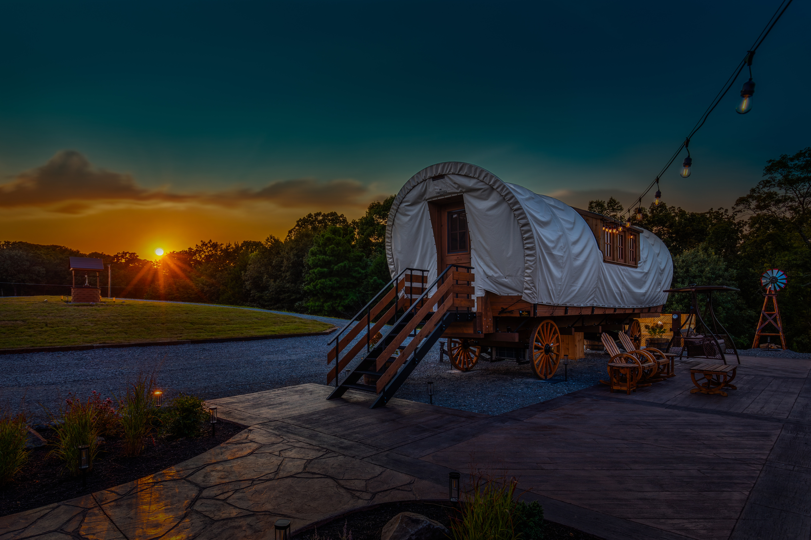 Sunset at the Wishing Well Wagon — peaceful, private, and made for a romantic getaway.