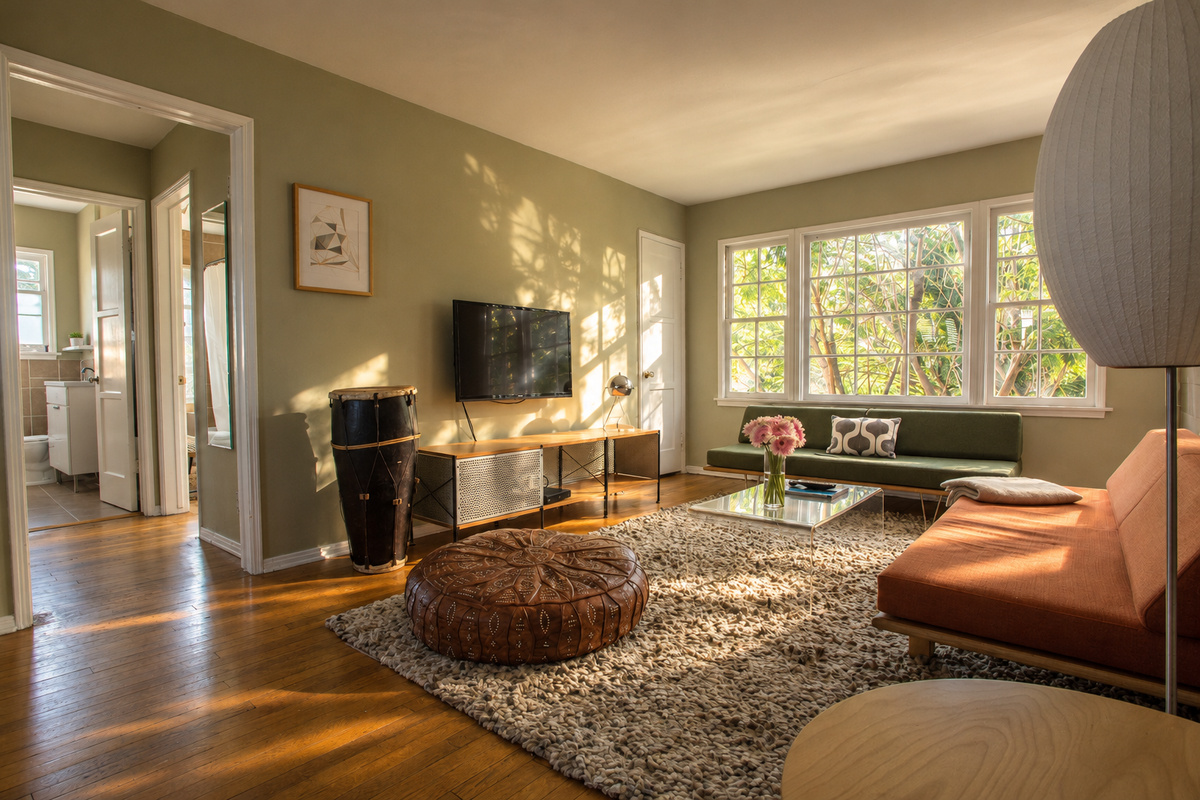 A wide living room view reveals the seating layout, wall-mounted television and the route toward the kitchen. Orange and green sofas surround an acrylic coffee table and leather pouf, with large windows and warm wood floors adding light and texture.