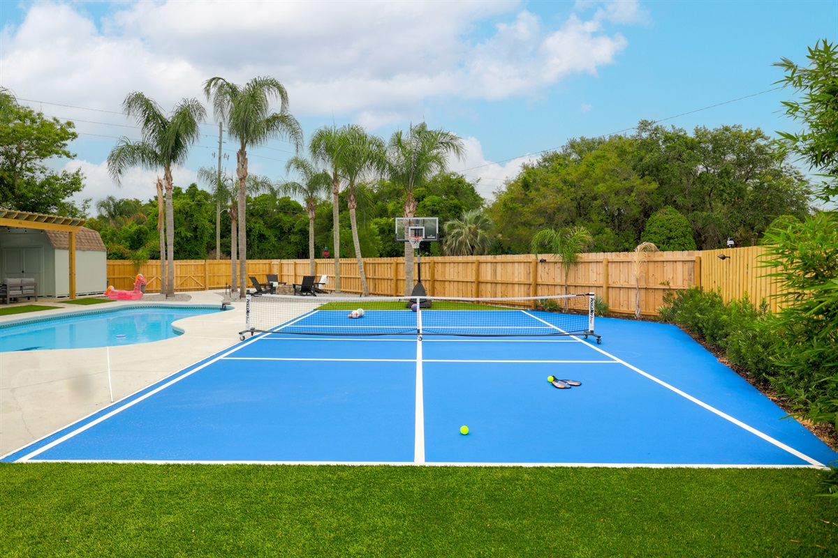 Sport court set up for basketball and pickleball games