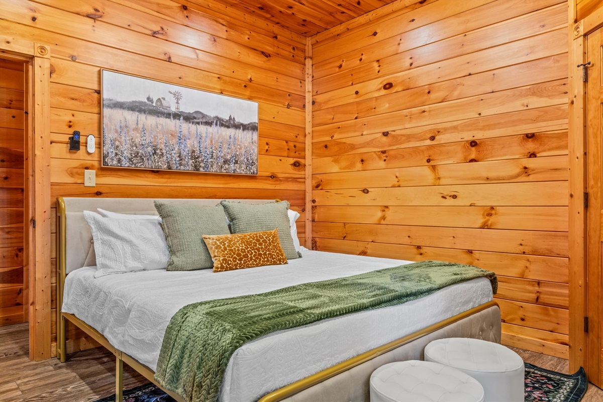 Bedroom 6 (downstairs) has a king bed and shares a private bathroom with Bedroom 7