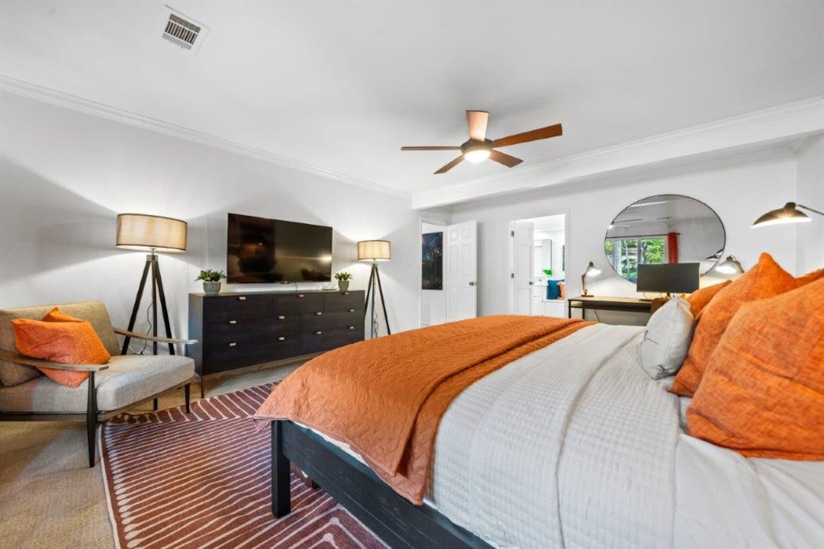 Every King Bedroom is equipped with Bedside Tables, Reading Lamps, Sound Machines, a Reading Chair, Clothing Storage, Smart TV's and a Desk and Chair for anyone needing to Work Remotely.