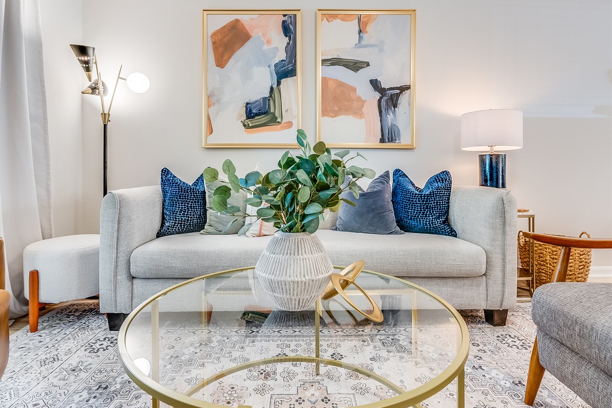 Cheerful accents and cozy seating bring warmth to the space.