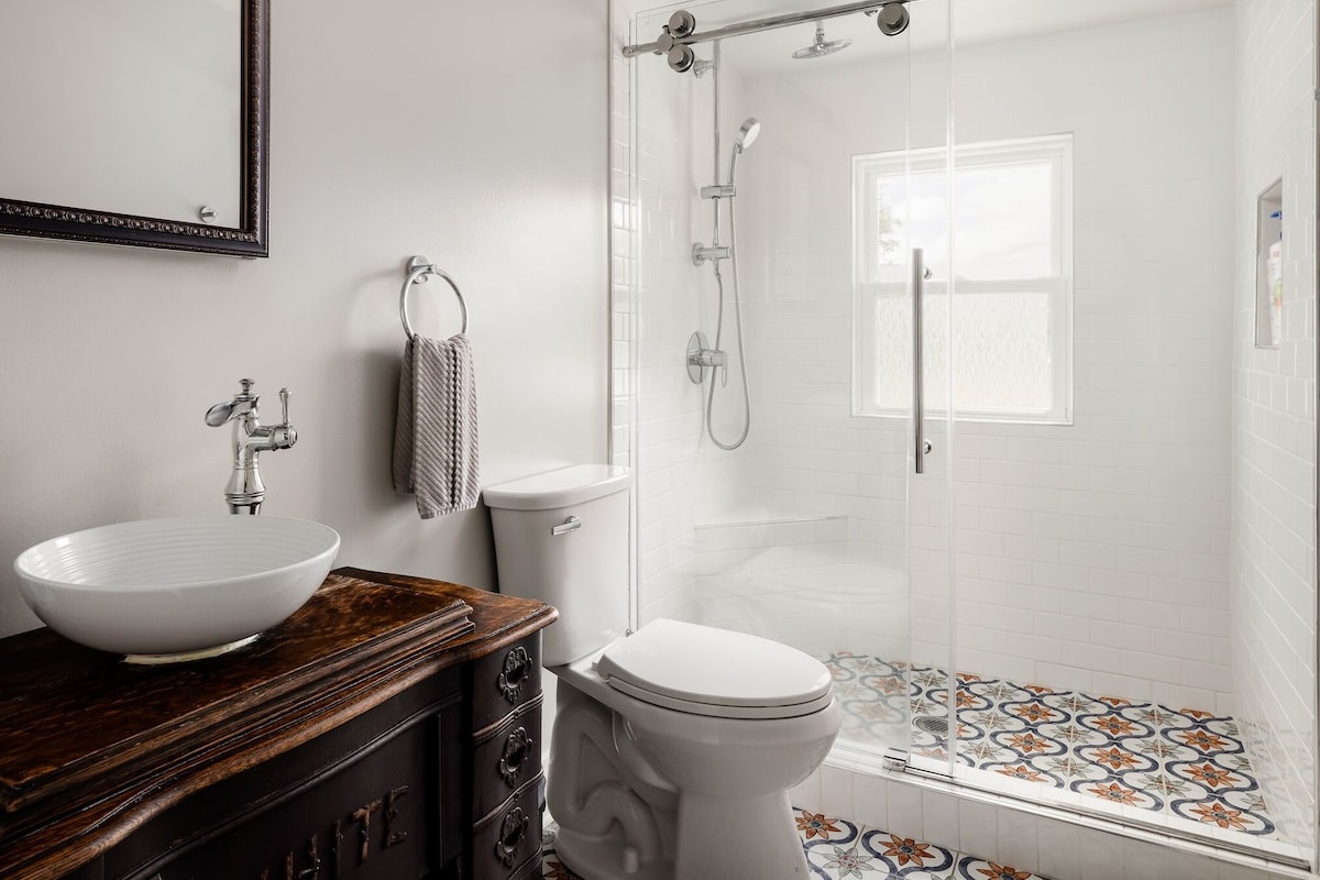 Bathroom 1, walk in shower, Spanish tile