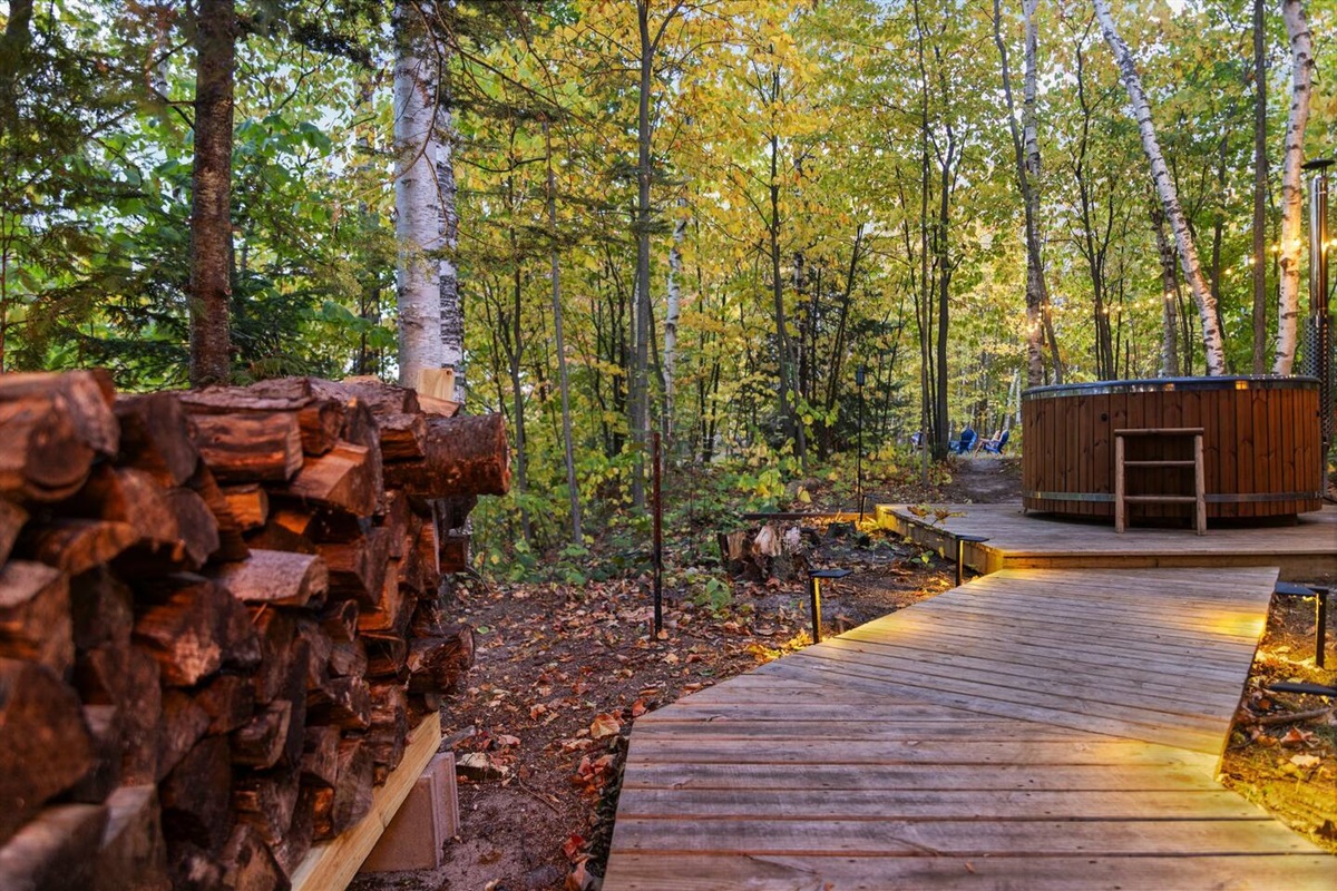 Walkway from the back deck to the hot tub.  The upper campfire area is visible down the path in the background