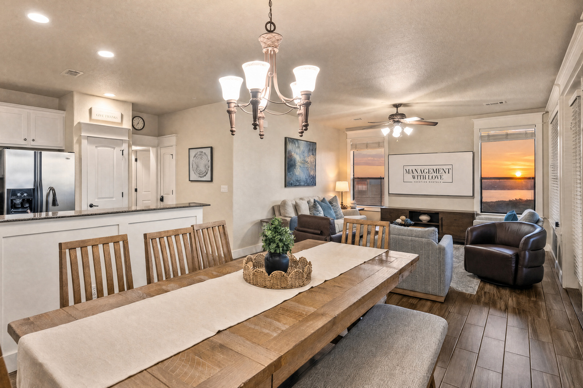 Open kitchen and dining area keeps everyone connected during meals and downtime.