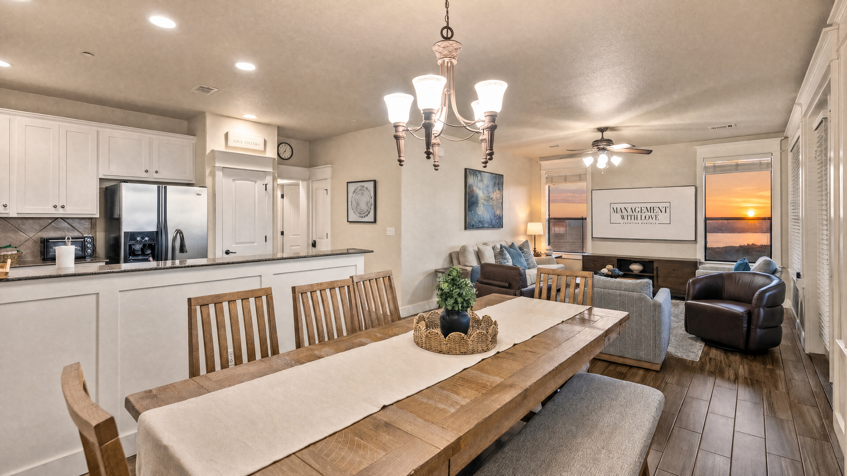Open kitchen and dining area keeps everyone connected during meals and downtime.