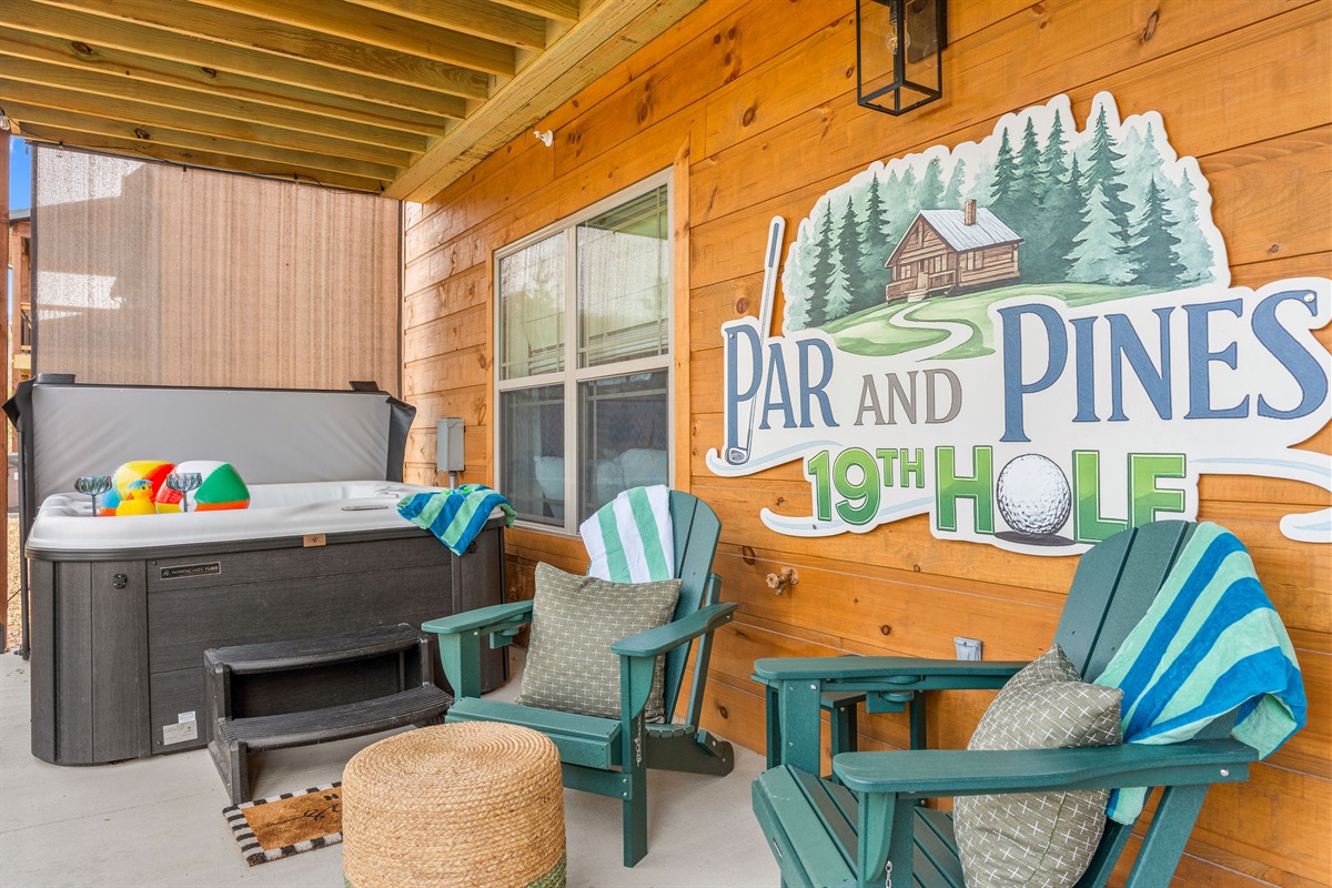 The lower level patio feature a private hot tub, lounging area and gas fire table