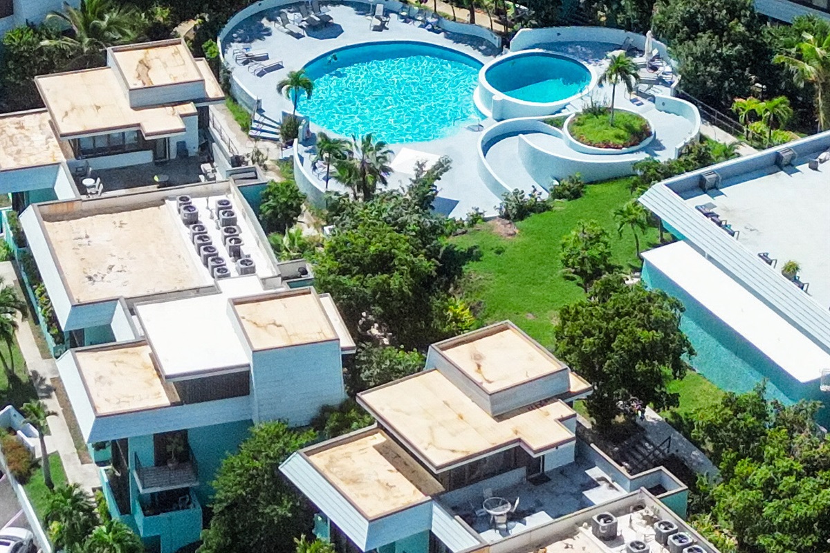 Aerial view of the pool with plenty of lounging space.
