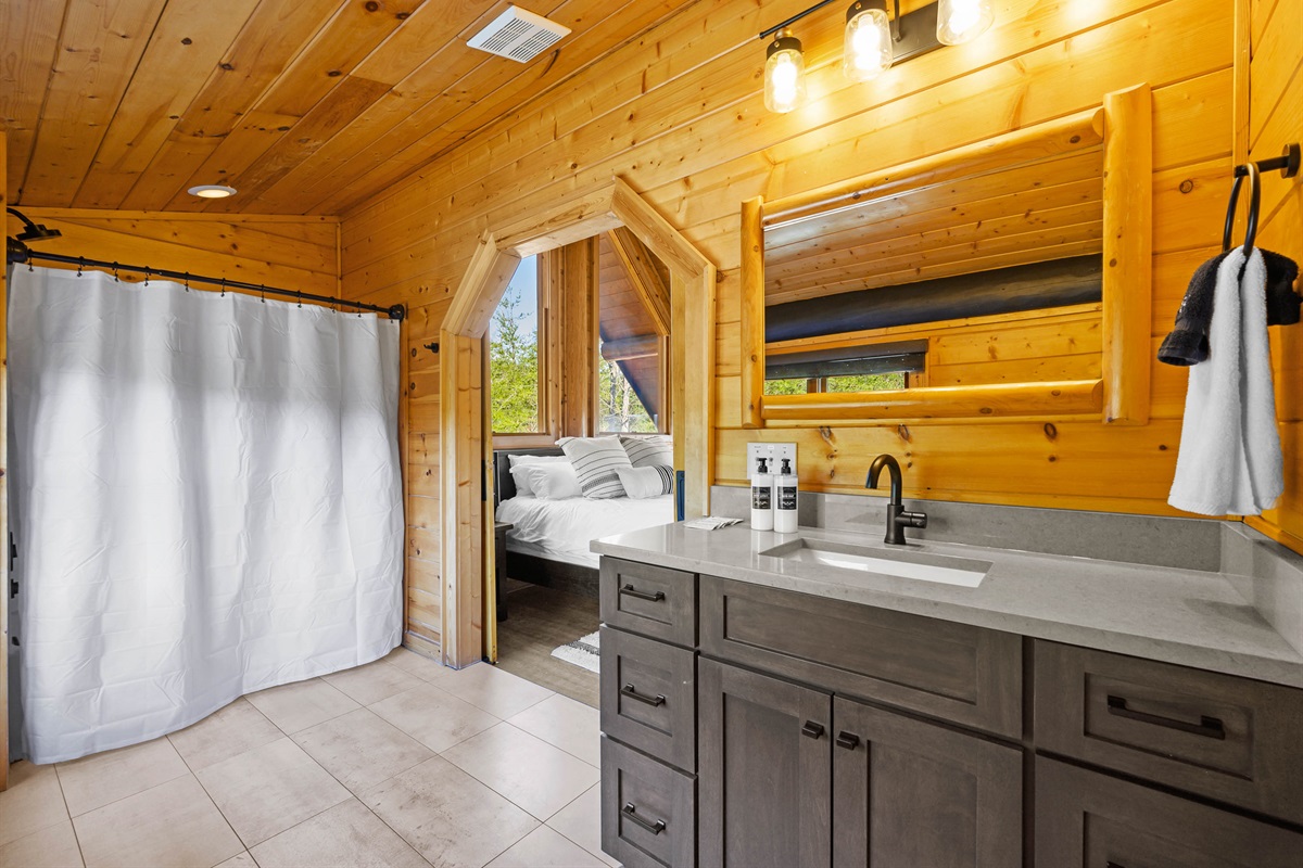 Upstairs bathroom has a bathtub/shower