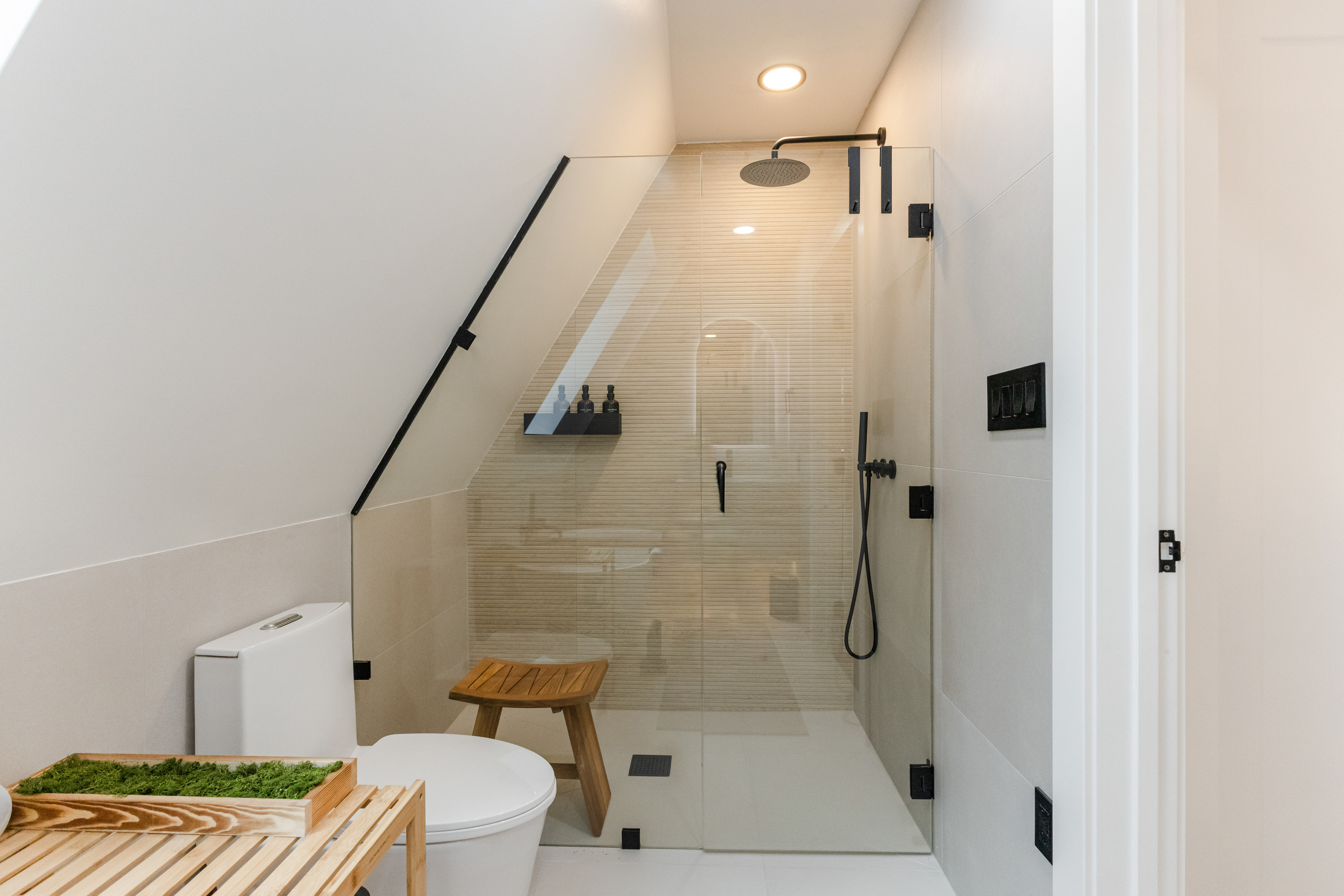 Walk-in shower under a skylight