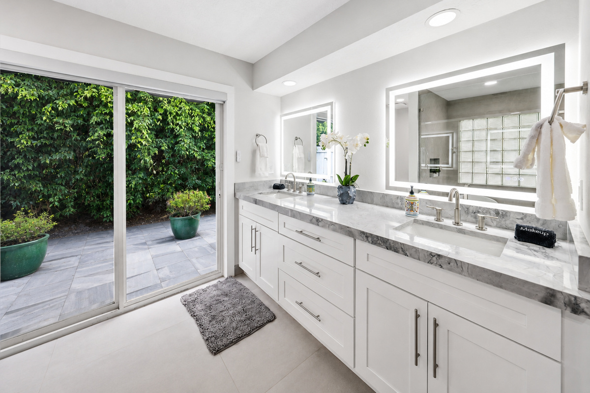 Start and end the day easily with a double vanity, backlit mirrors, and direct access toward a private outdoor area.