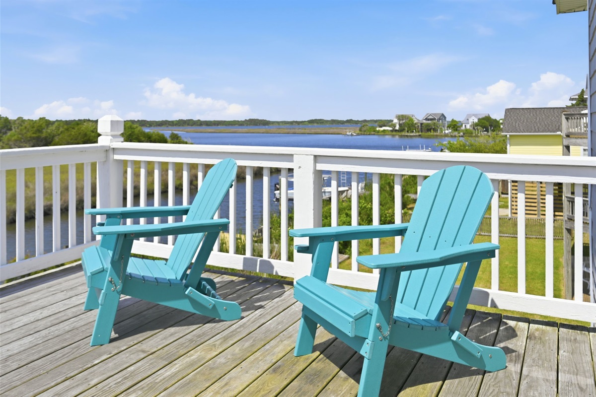 Morning coffee and sunset skies from your private waterfront deck.
