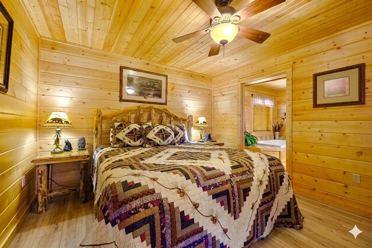 Bedroom #1 - Nestled in golden wood tones, this king bedroom feels like a cozy forest retreat. Drift off under the soft glow of rustic lamps after a day of mountain adventures.