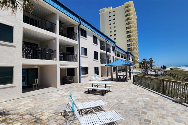 Pool deck with picnic table seating