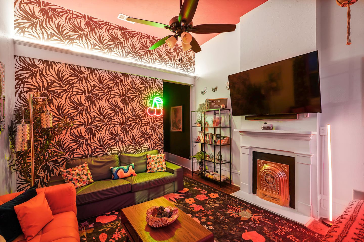 Turn off the overhead lights and enjoy neon mood lighting for a sexy, chill vibe—perfect for a late-night drink and story telling with friends.