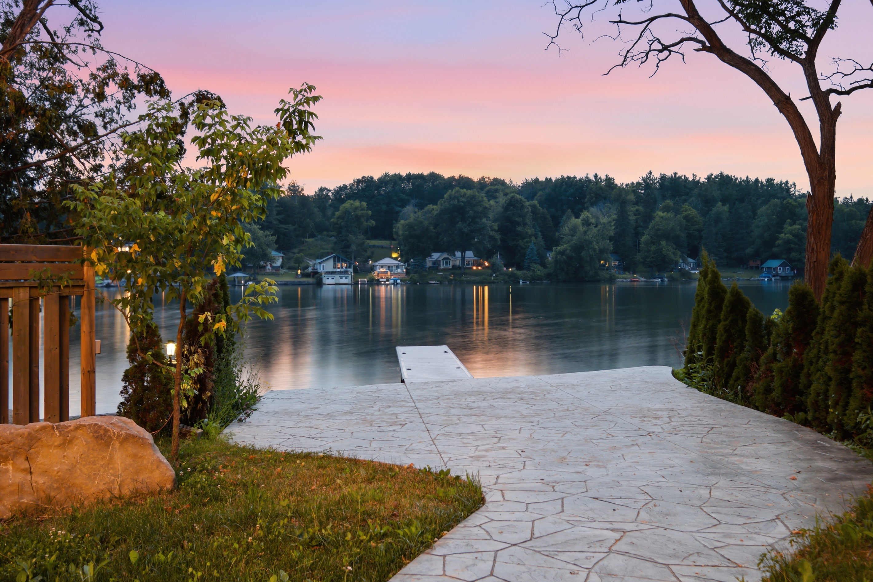 Sunset waterfront view from the Bear Lodge grounds