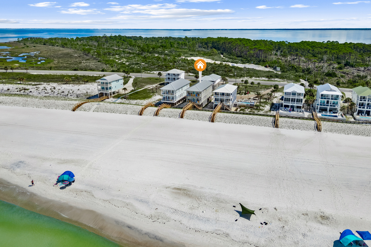 Aerial view of the home, nestled in the North Cape.
